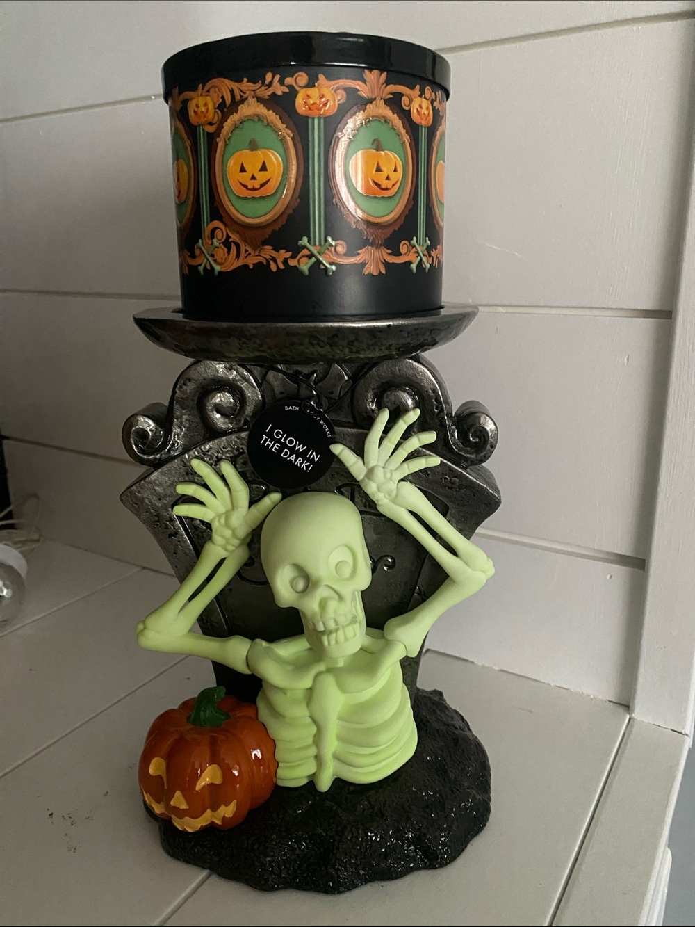 Glow-In-The-Dark Skeleton Candle Holder with Pumpkin Accent -